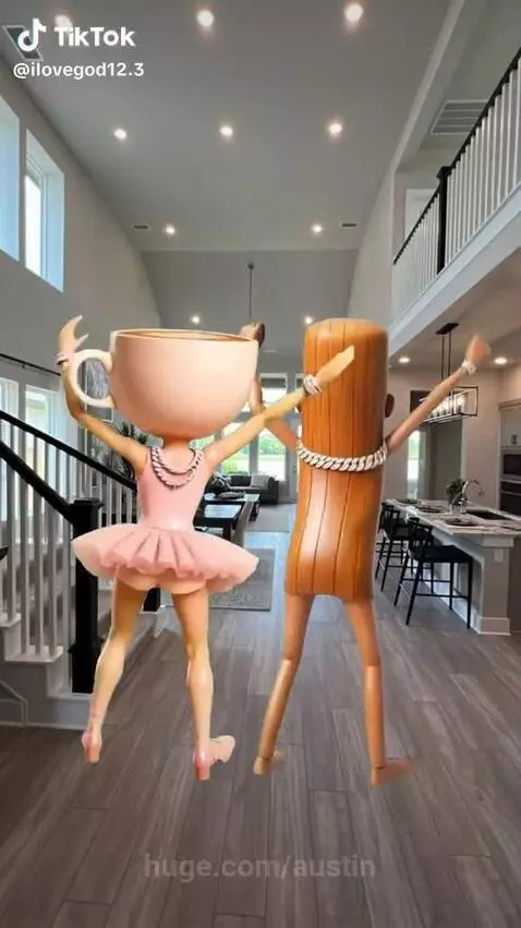 Two animated characters, one with a teacup head in a ballet outfit, dancing suggestively in a modern house.