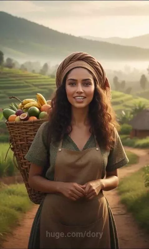 Woman with fruit basket smiles in lush Kijani Village at sunrise/sunset.