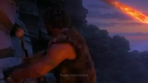 Animated caveman with club looking alarmed at a fiery meteor streaking across the twilight sky.