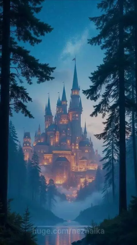 A young girl sleeping peacefully, with magical visuals of sky lanterns, a castle, and a starry sky.