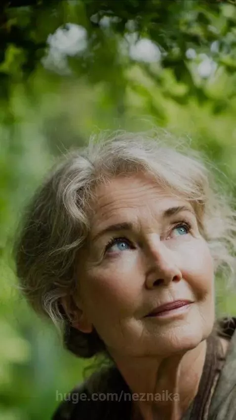 Elderly woman with grey hair and blue eyes in a garden, holding soil, with serene nature scenes.