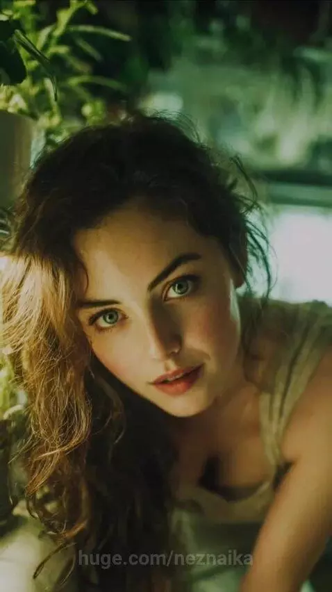 Woman smiling surrounded by lush green houseplants, a gloxinia blooming in time-lapse.