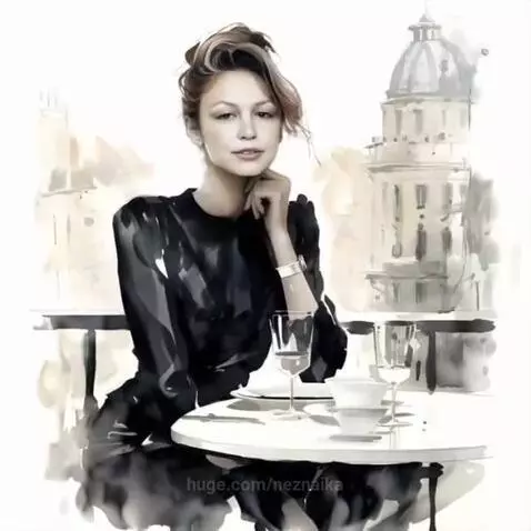 Woman in elegant outfits in watercolor style, transitioning through beautiful settings, exuding confidence.