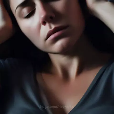 Woman in sleepwear looking out a moonlit city window, with a mysterious hooded figure in the background.