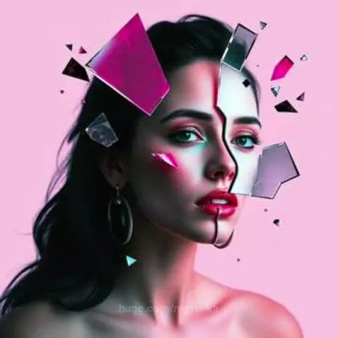 Woman in neon pink and blue, with glowing wings against a cityscape and celestial background.