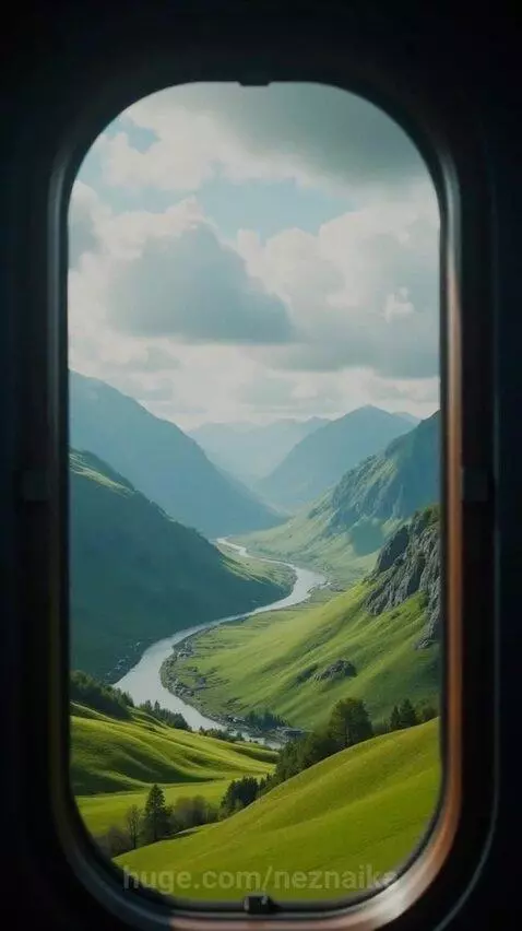 Diverse passengers enjoying scenic train journeys, watching misty mountains, green valleys, and vibrant sunsets from the window.