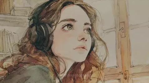 Silhouette of a girl watching a large moon over a misty landscape, with falling leaves and musical notes.