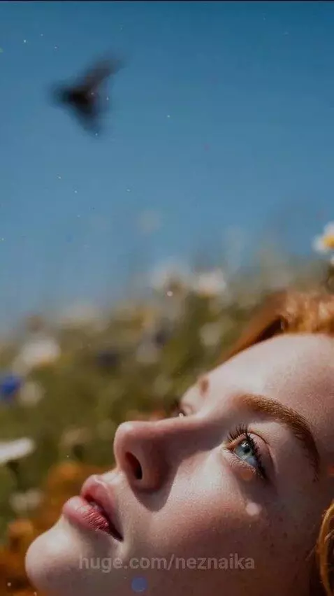 Young woman with long red hair smiling joyfully in a field of wildflowers at sunset.