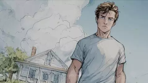 Watercolor animation of a young man walking towards a house with a guiding star in the sky.