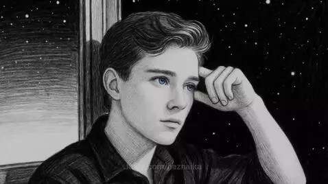 Animated young man with striking blue eyes on a journey through nature scenes, father's love song.