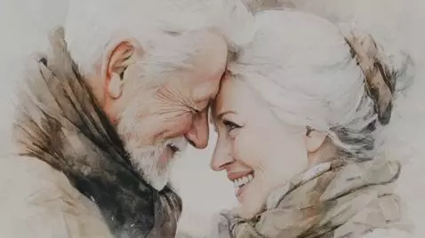 Watercolor animation of an elderly couple silhouetted against a vibrant ocean sunset.