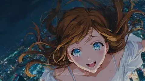 Young woman with long brown hair flying joyfully above a city at night, with stars in the sky.