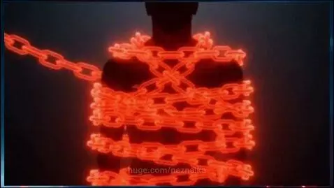 Man breaking fiery chains, woman drawing glowing blue lines creating new structures, symbolizing overcoming limitations.