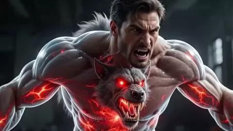 Man transforms into werewolf, demonic warrior, and fiery beast, symbolizing inner rage and eventual control.