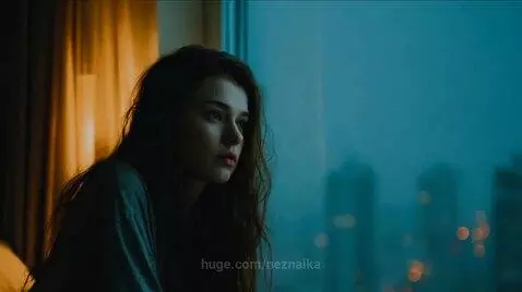 Young woman looking out a window at night, with a melancholic expression. Ticking clock visible.