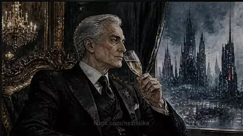 Elderly man shedding a golden tear as a destroyed, smoky city is covered in falling snow.