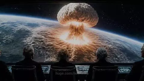 Elderly figures watch a nuclear explosion devastate Earth, with a young man in distress and a blue ice heart shattering.
