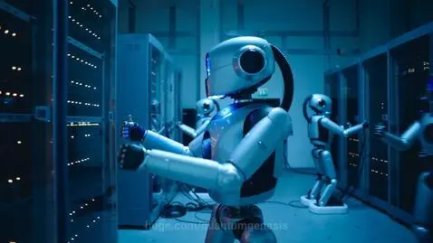 Humanoid robots with glowing blue elements working in a futuristic data center with server racks.
