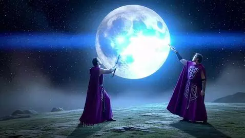 Two figures in purple cloaks on a hill raise wands, shooting blue energy at a full moon, forming a glowing triangle.