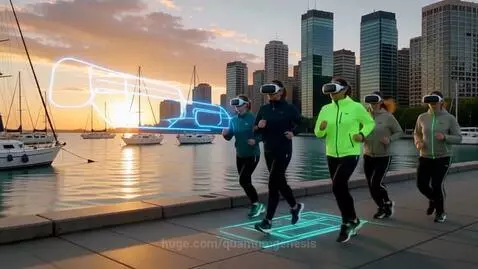 Five women in VR headsets run along a waterfront path with a city skyline and sunset in the background, augmented reality elements visible.