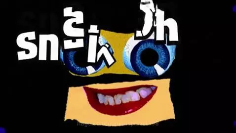 Distorted Klasky Csupo logo with realistic eyes and purple ink splats, text morphs.
