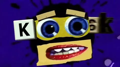 Animated Klasky Csupo logo with cardboard texture, realistic eyes, and ink splat background, transitioning to letter blocks.