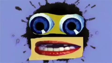 Distorted Klasky Csupo logo with realistic eyes, red lips, and ink splat on purple background.