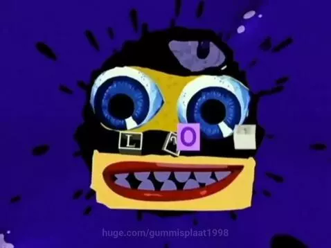 Animated Klasky Csupo logo with a stylized face, large blue eyes, red lips, and ink splatters on a purple background.