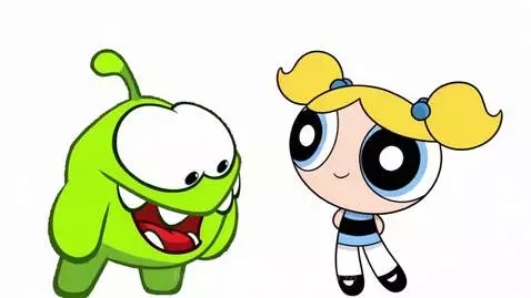 Om Nom and Bubbles smiling and laughing together against a white background.