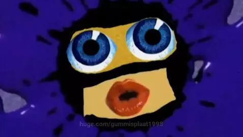 Distorted Klasky Csupo logo with realistic blue eyes and a red mouth on a purple ink-splat background.
