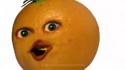 Anthropomorphic orange with realistic eyes and a wide smile, telling a joke.
