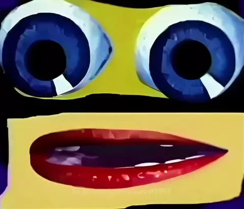 Distorted Klasky Csupo face with large blue eyes and red mouth on a yellow and black background, with purple text appearing.
