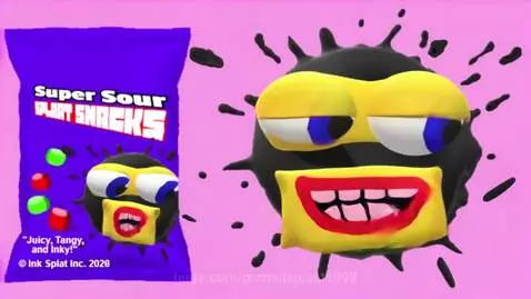 Animated ink splat character next to a bag of Super Sour Splat Snacks candy.