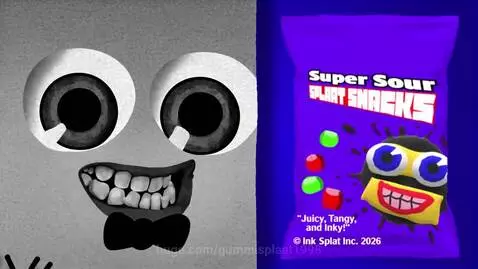 Split screen showing a grayscale animated face and a vibrant purple bag of Super Sour Splat Snacks.