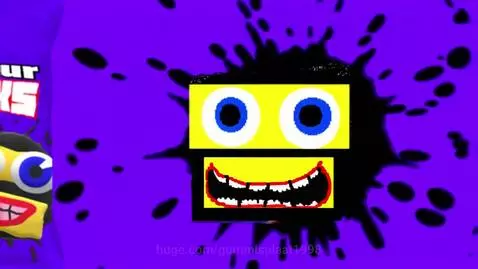 A yellow cartoon character with expressive eyes on a purple ink splat, next to a bag of Super Sour Splaat Snacks.
