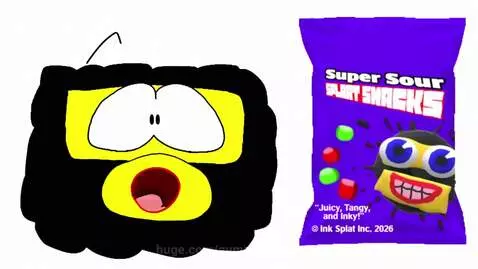 Cartoon character with yellow face and large eyes next to a bag of Super Sour Splaat Snacks.