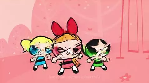 The Powerpuff Girls, Blossom, Bubbles, and Buttercup, rapping on a cartoonish background.