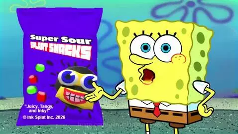 Spongebob Squarepants holding a bag of Super Sour Splat Snacks, presenting them with enthusiasm.