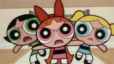 The Powerpuff Girls, Buttercup, Blossom, and Bubbles, stand with determined expressions, ready for action.