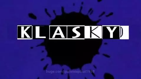 Cardboard-like face with blue eyes and yellow mouth on dark blue background, transitioning to Klasky Csupo logo with purple letters.