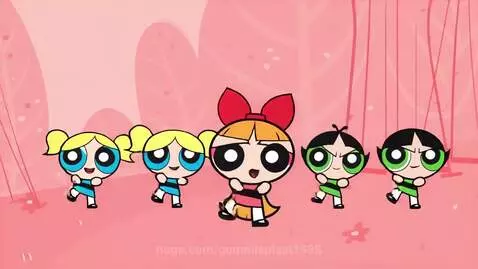 The Powerpuff Girls dancing in a synchronized hip-hop style on a pink background with cartoon trees.
