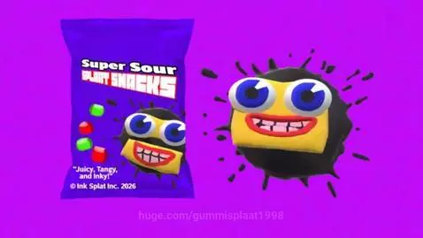 Super Sour Splaat Snacks bag with colorful candy and a cartoon character on a purple background.