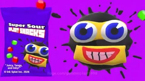 Super Sour Splaat Snacks bag with floating candies and an animated ink splat character on a pink background.