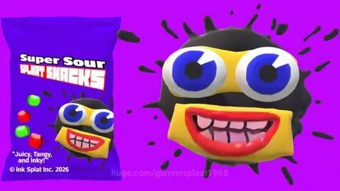 Animated ink splat character with big blue eyes inviting viewers to try Super Sour Splat Snacks.