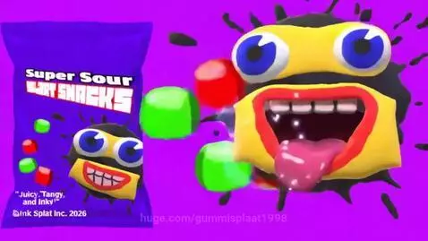 Animated character with yellow face, blue eyes, and red mouth on purple background, next to Super Sour Splaat Snacks bag.