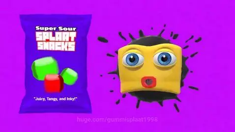 Animated yellow character with blue eyes and red mouth in a black ink splat, next to a purple snack bag of Super Sour Splaat Snacks.