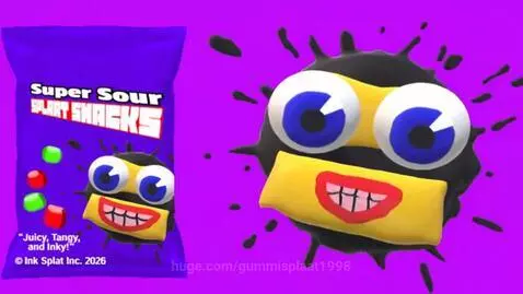 Animated ink splat character next to a bag of Super Sour Splaat Snacks candy, with Korean text.