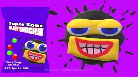 Animated purple ink-splat character with big eyes and red lips next to Super Sour Splaat Snacks packaging.