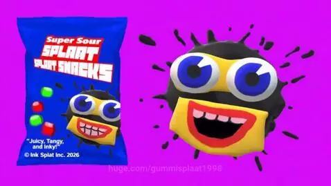Animated ink-splat character with blue eyes and yellow accents enthusiastically promoting Super Sour Splaat Snacks.