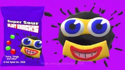 Vibrant commercial for Super Sour Splaat Snacks featuring a purple bag and an animated ink splat character.